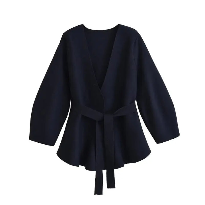 Women's long-sleeve wrap knit top with V-neckline and tie waist
