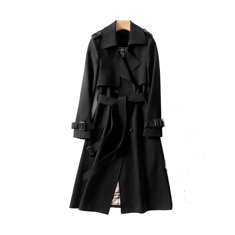 Women's long belted trench coat with double-breasted buttons and cuff buckles
