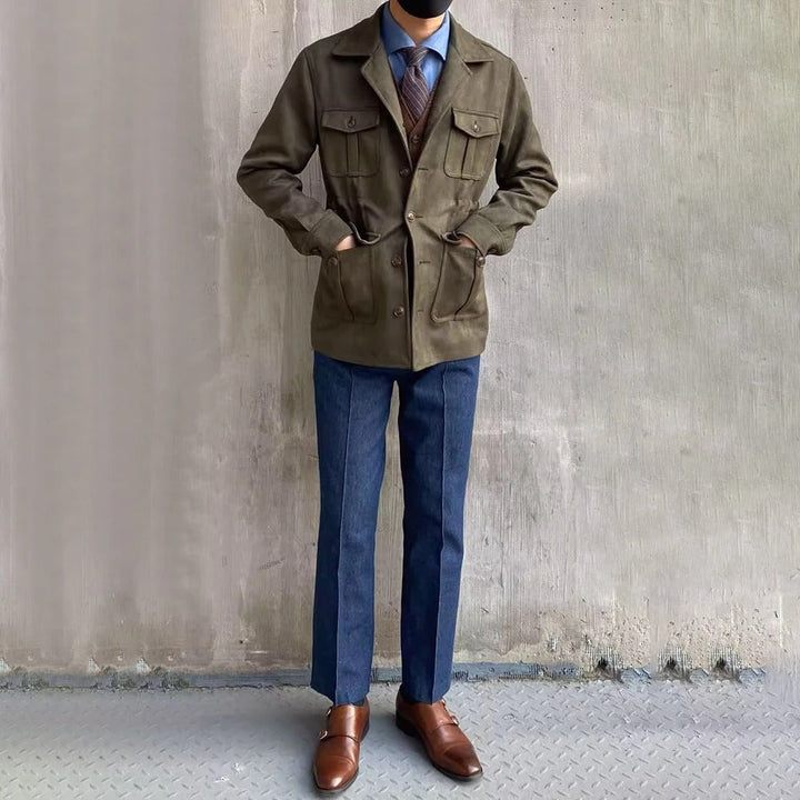 Hunting jacket with notched collar and four button flap pockets