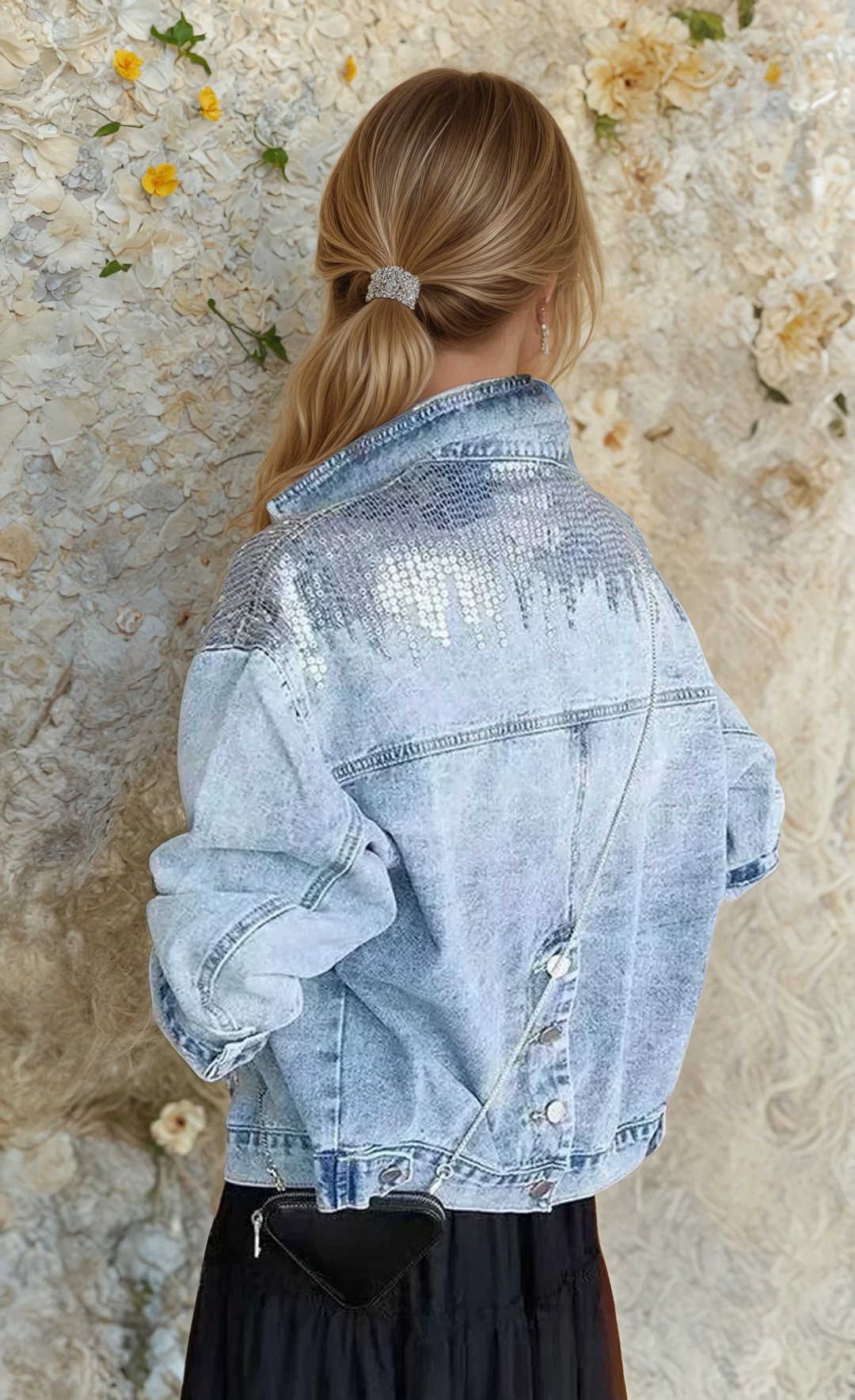 Women's light blue jacket with sequin detailing, stand collar and long sleeves