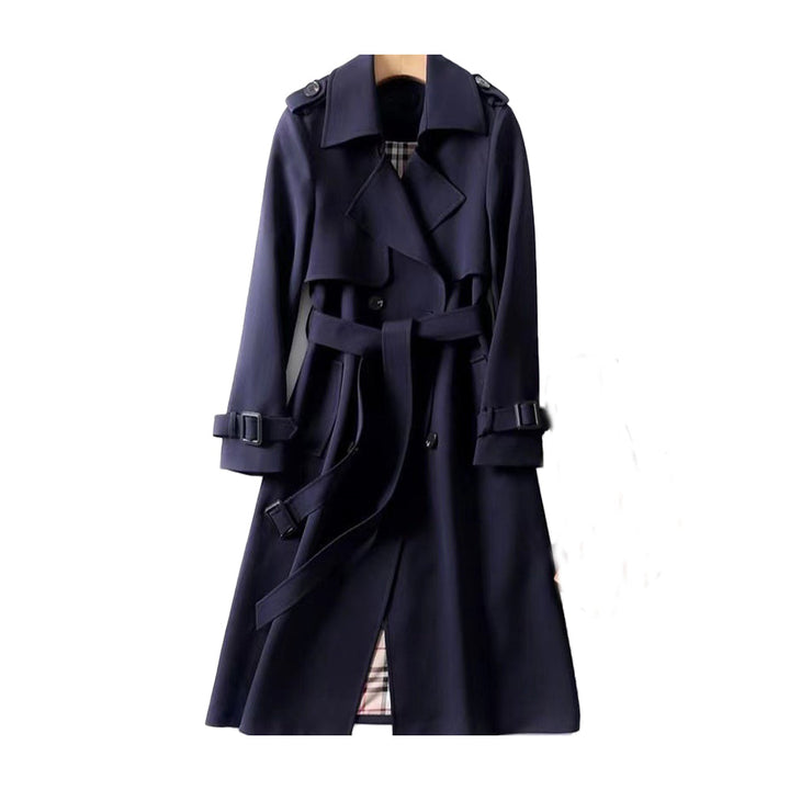 Women's long belted trench coat with double-breasted buttons and cuff buckles