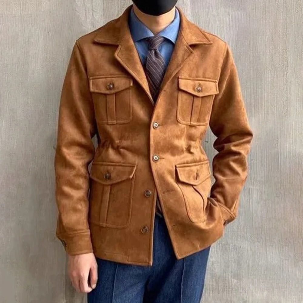 Hunting jacket with notched collar and four button flap pockets
