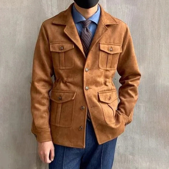 Hunting jacket with notched collar and four button flap pockets