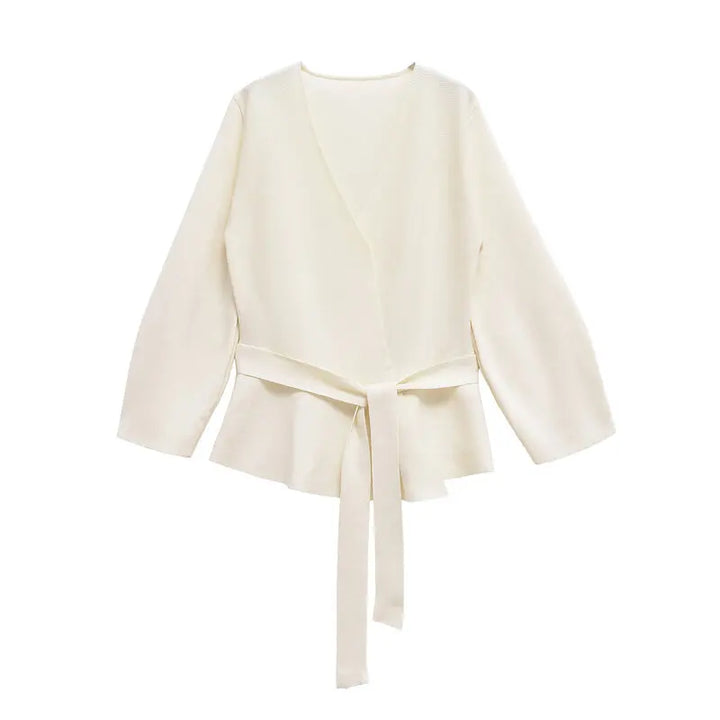 Women's long-sleeve wrap knit top with V-neckline and tie waist