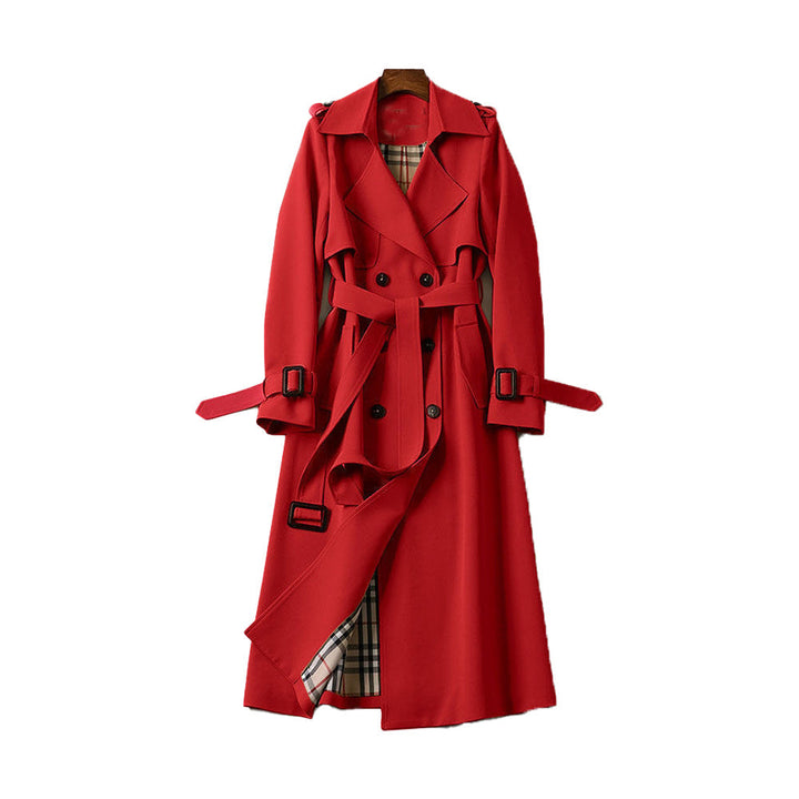 Women's long belted trench coat with double-breasted buttons and cuff buckles