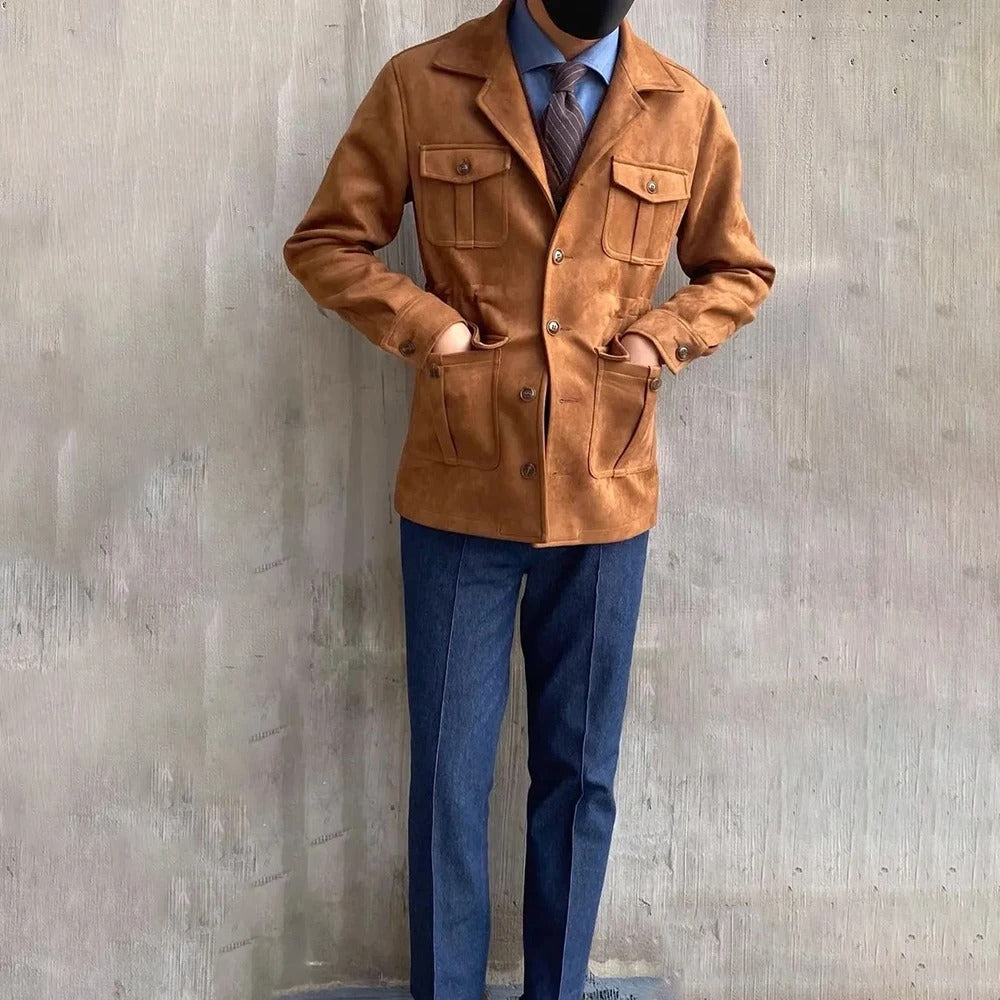 Hunting jacket with notched collar and four button flap pockets