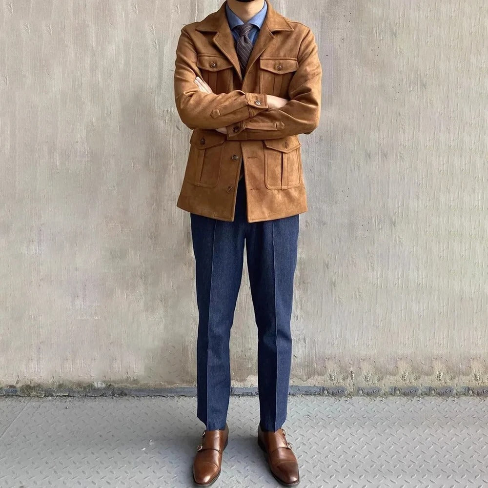 Hunting jacket with notched collar and four button flap pockets