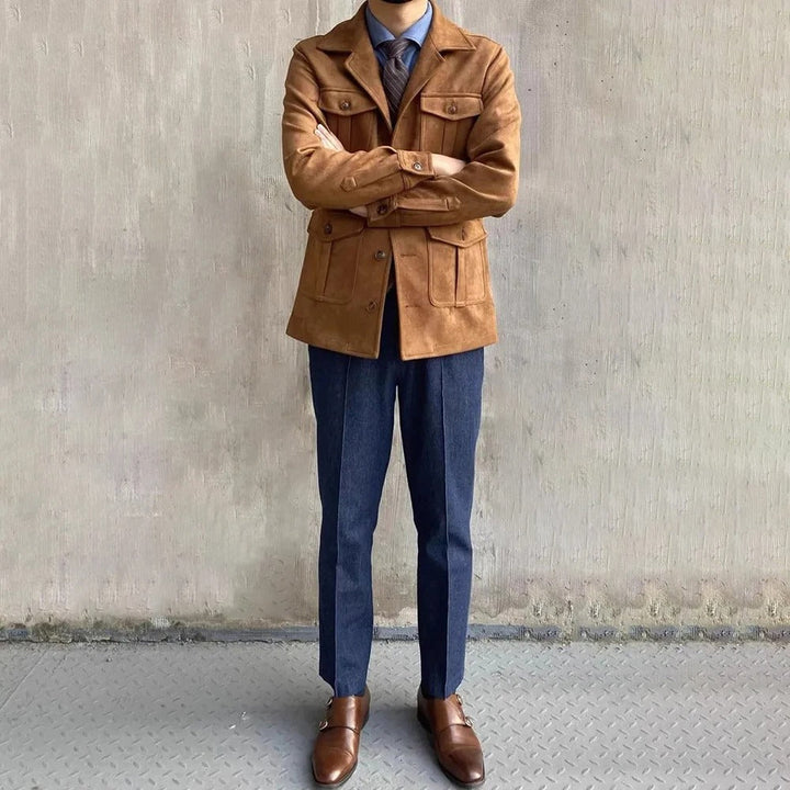 Hunting jacket with notched collar and four button flap pockets