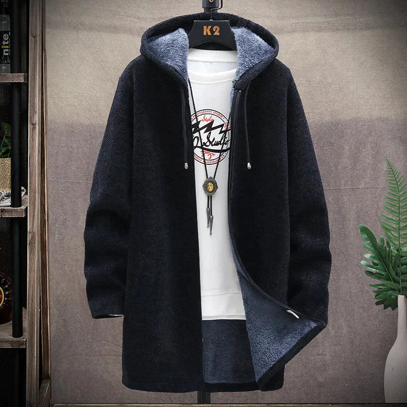 Longline fleece hooded jacket with contrast lining and front pockets