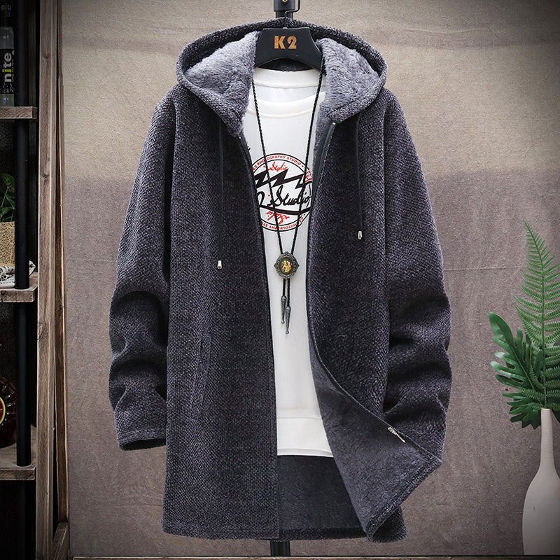 Longline fleece hooded jacket with contrast lining and front pockets