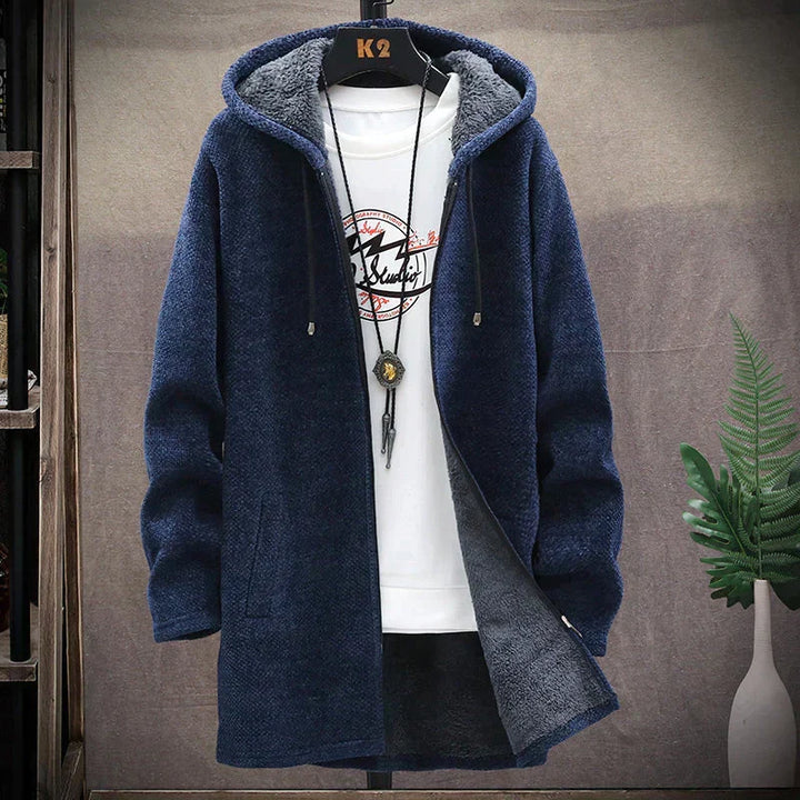 Longline fleece hooded jacket with contrast lining and front pockets