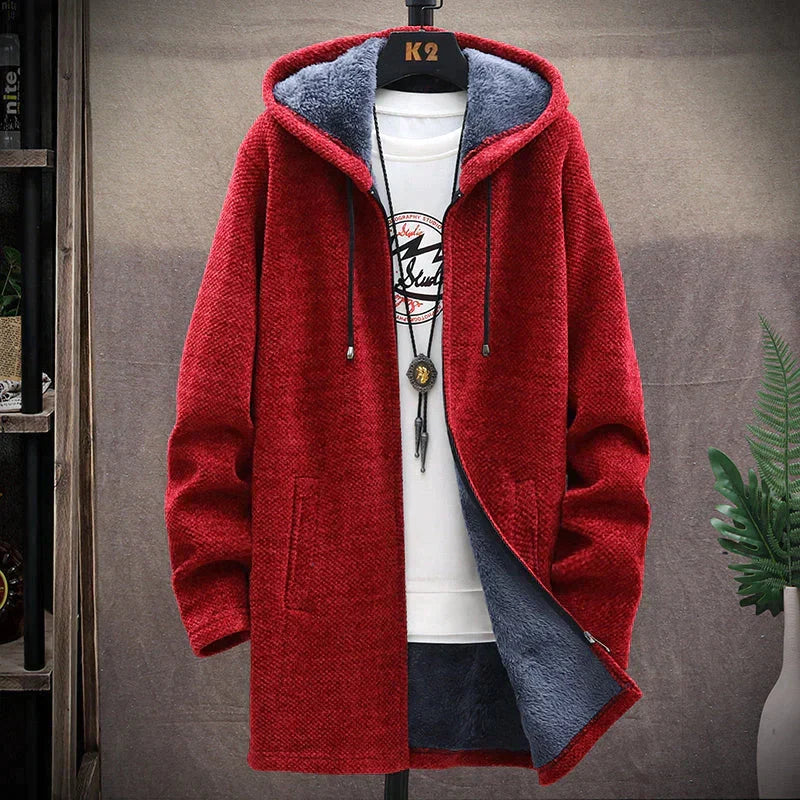 Longline fleece hooded jacket with contrast lining and front pockets