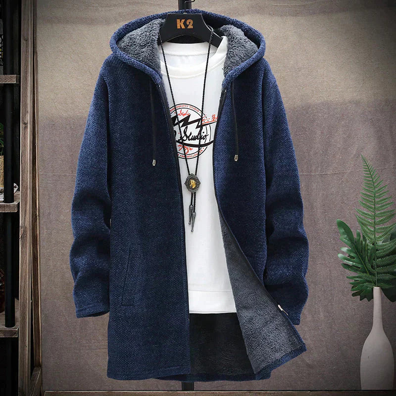 Longline fleece hooded jacket with contrast lining and front pockets