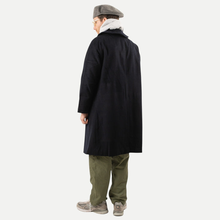 Men's navy long overcoat with point collar and button front