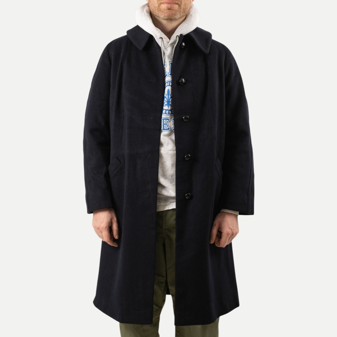 Men's navy long overcoat with point collar and button front