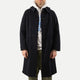 Men's navy long overcoat with point collar and button front