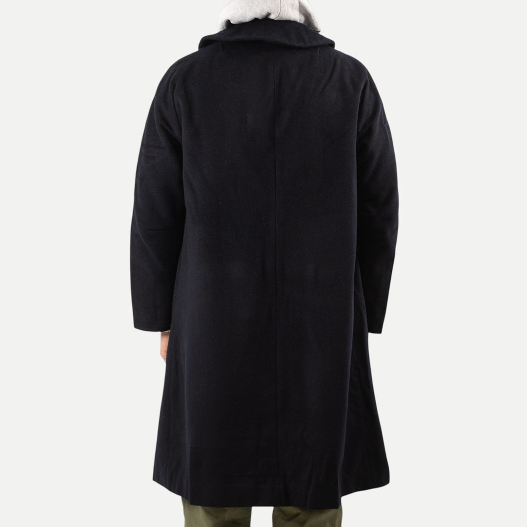 Men's navy long overcoat with point collar and button front