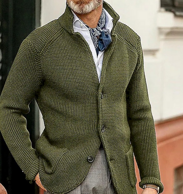 Men's textured button blazer with stand collar and long sleeves