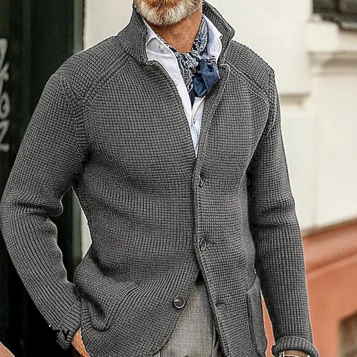 Men's textured button blazer with stand collar and long sleeves