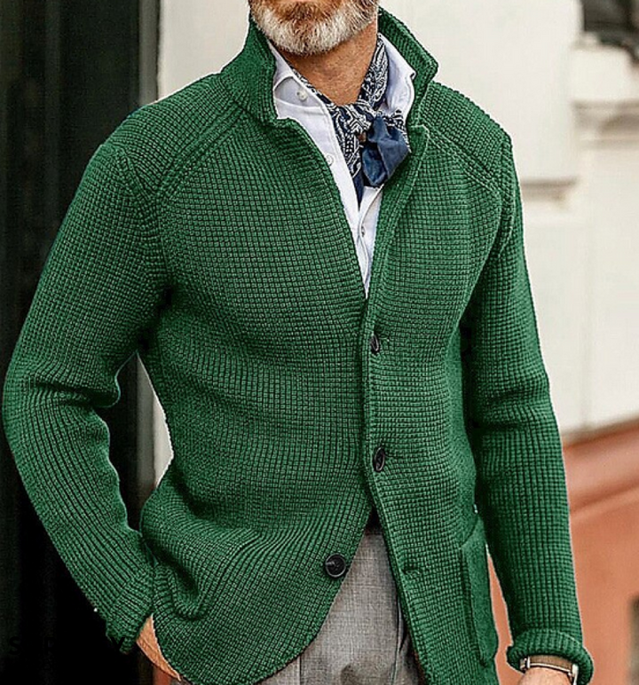 Men's textured button blazer with stand collar and long sleeves