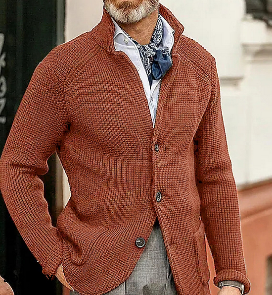 Men's textured button blazer with stand collar and long sleeves