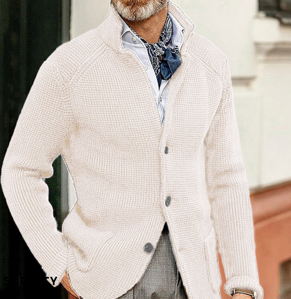 Men's textured button blazer with stand collar and long sleeves