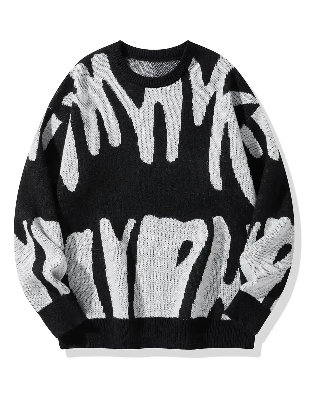 Men's abstract pattern crew neck sweater with long sleeves and ribbed trims