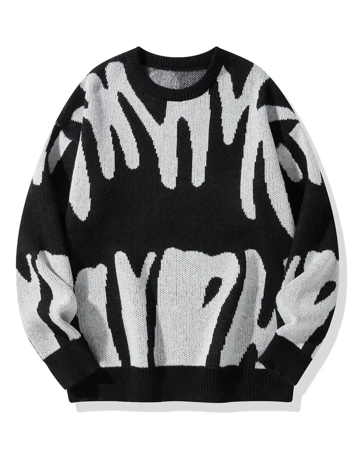 Men's abstract pattern crew neck sweater with long sleeves and ribbed trims
