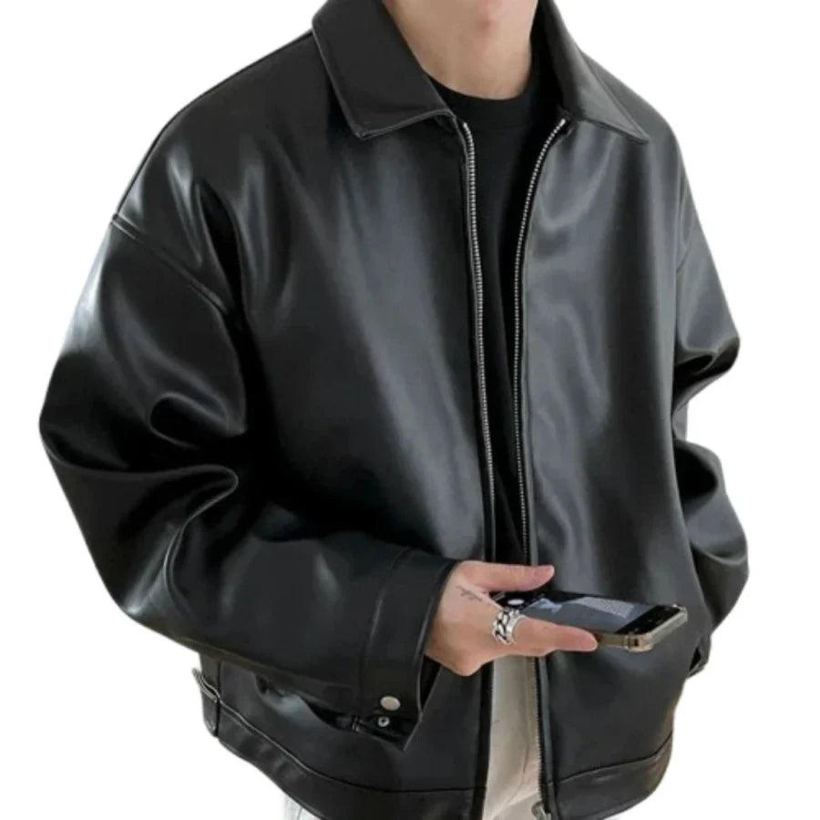Men's black collared zip-front jacket with long sleeves and front pockets