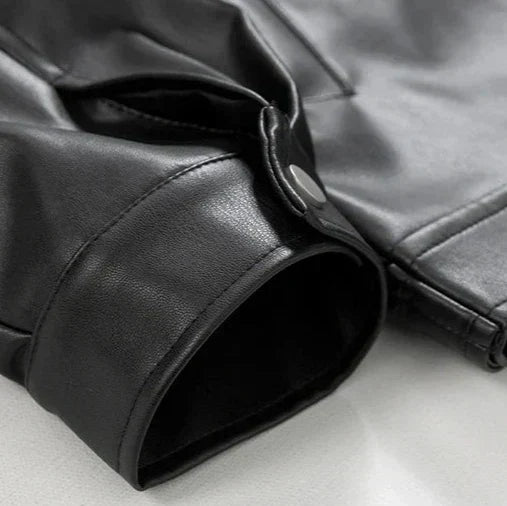 Men's black collared zip-front jacket with long sleeves and front pockets