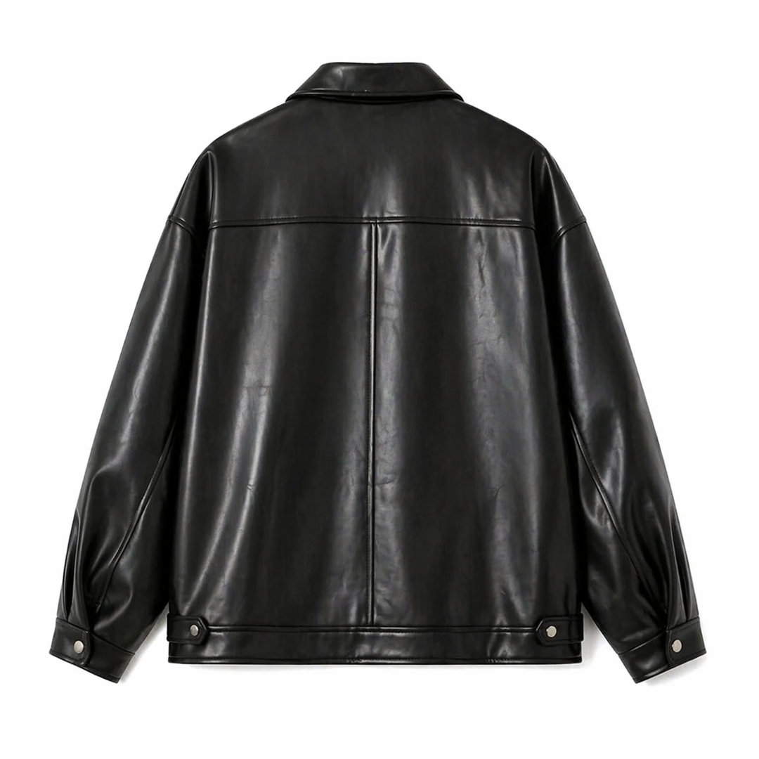 Men's black collared zip-front jacket with long sleeves and front pockets