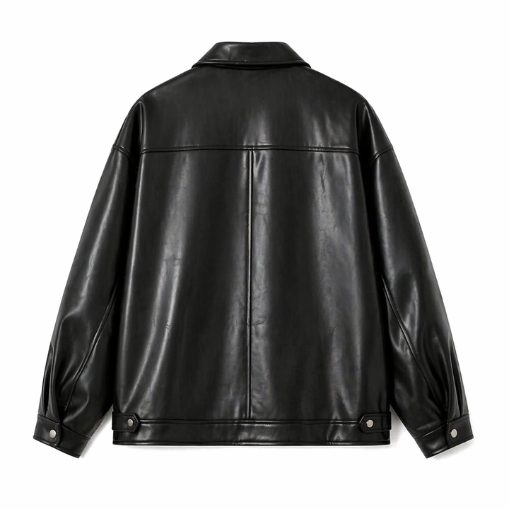 Men's black collared zip-front jacket with long sleeves and front pockets