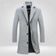 Men's long single-breasted overcoat with notch lapels and button fastening