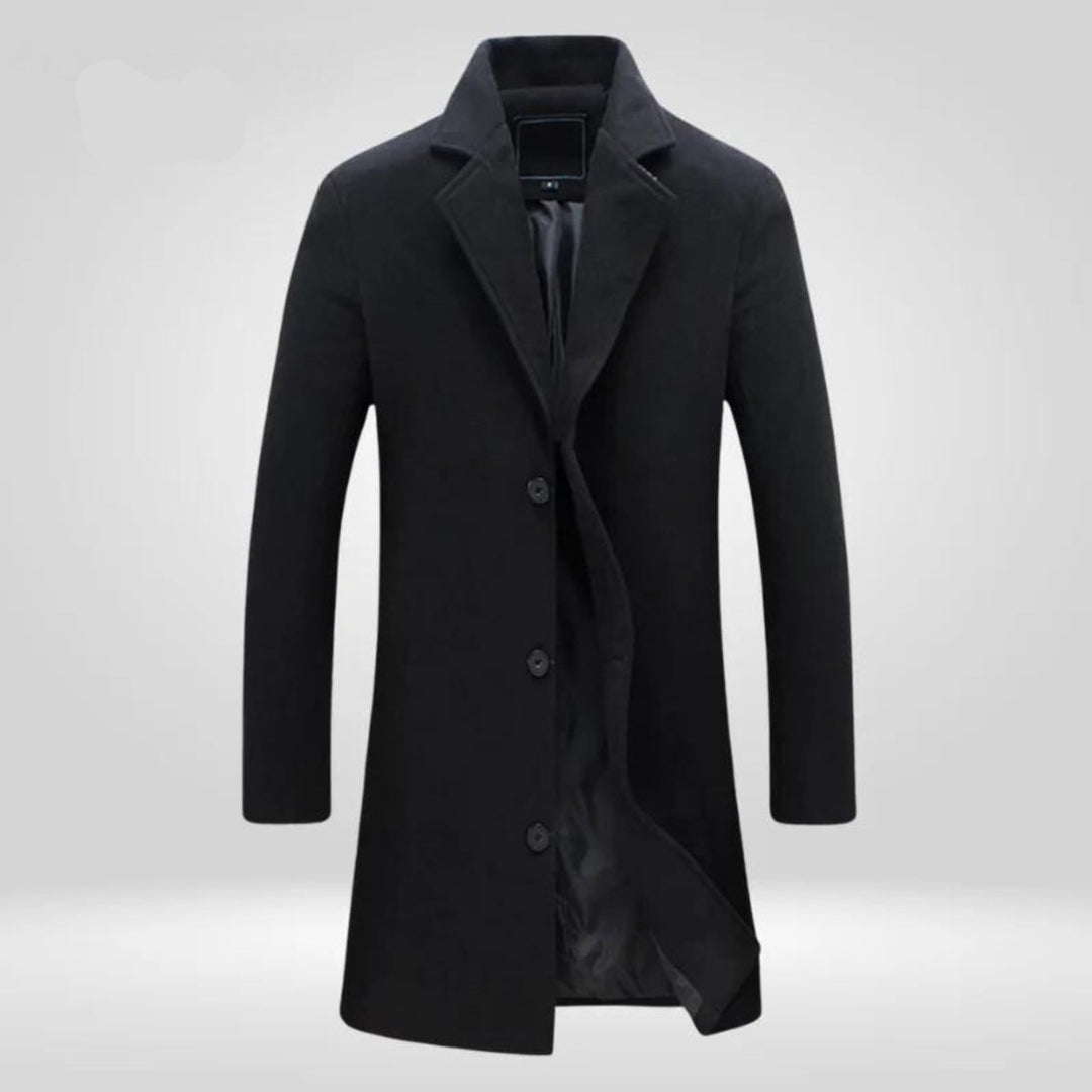 Men's long single-breasted overcoat with notch lapels and button fastening