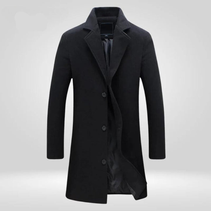 Men's long single-breasted overcoat with notch lapels and button fastening
