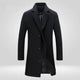 Men's long single-breasted overcoat with notch lapels and button fastening