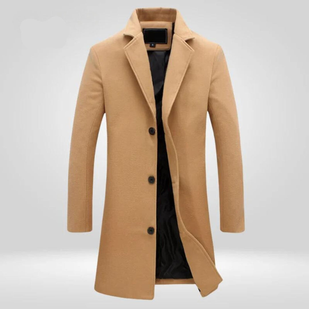 Men's long single-breasted overcoat with notch lapels and button fastening