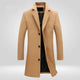 Men's long single-breasted overcoat with notch lapels and button fastening