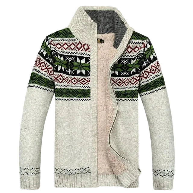 Men's zip-up cardigan with Nordic geometric pattern, stand collar and long sleeves