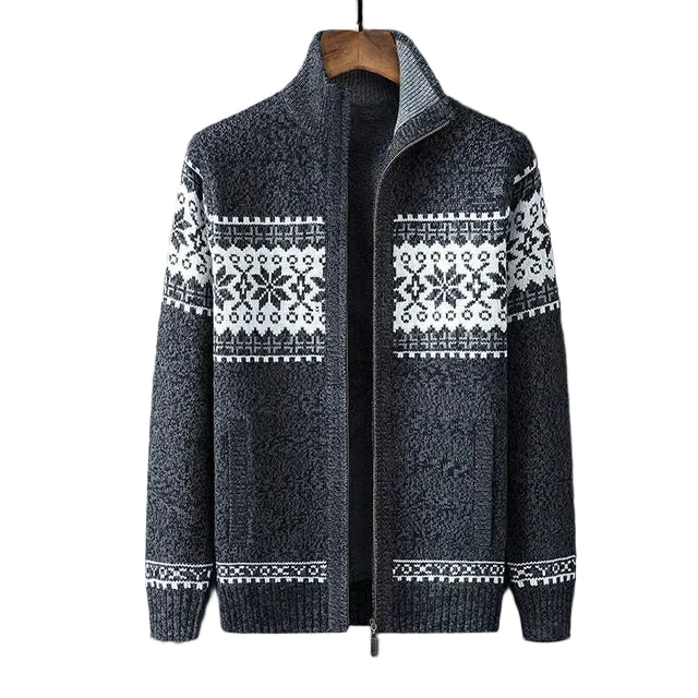 Men's zip-up cardigan with Nordic geometric pattern, stand collar and long sleeves
