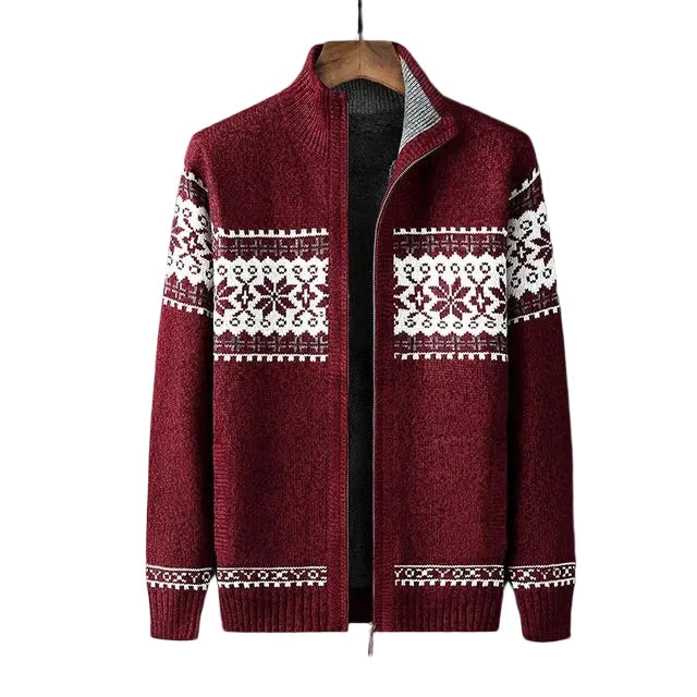 Men's zip-up cardigan with Nordic geometric pattern, stand collar and long sleeves