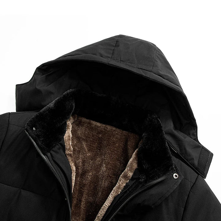 Men's black quilted puffer jacket with hood and plush lining