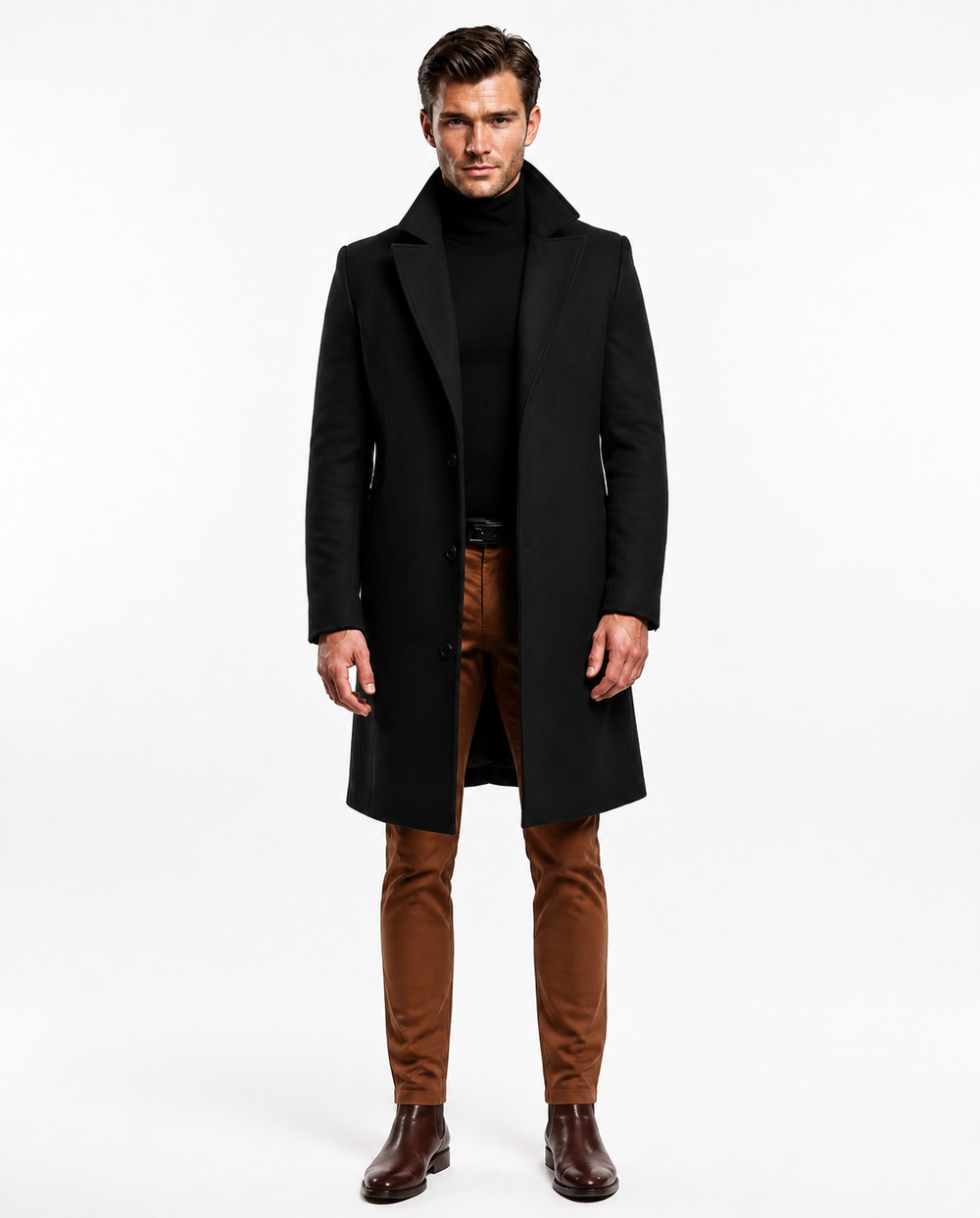 Men's long button front overcoat with notched lapels