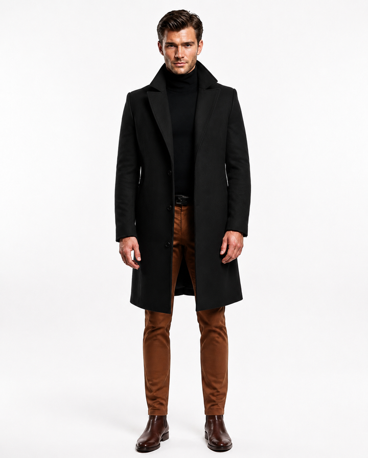 Men's long button front overcoat with notched lapels