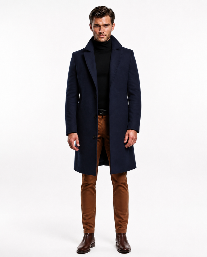 Men's long button front overcoat with notched lapels
