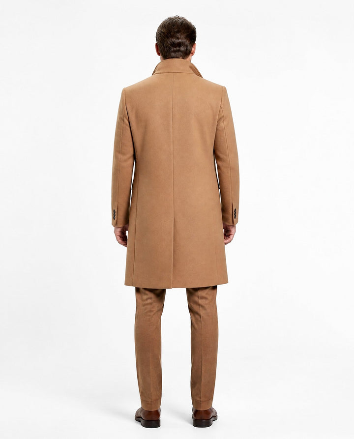 Men's long button front overcoat with notched lapels