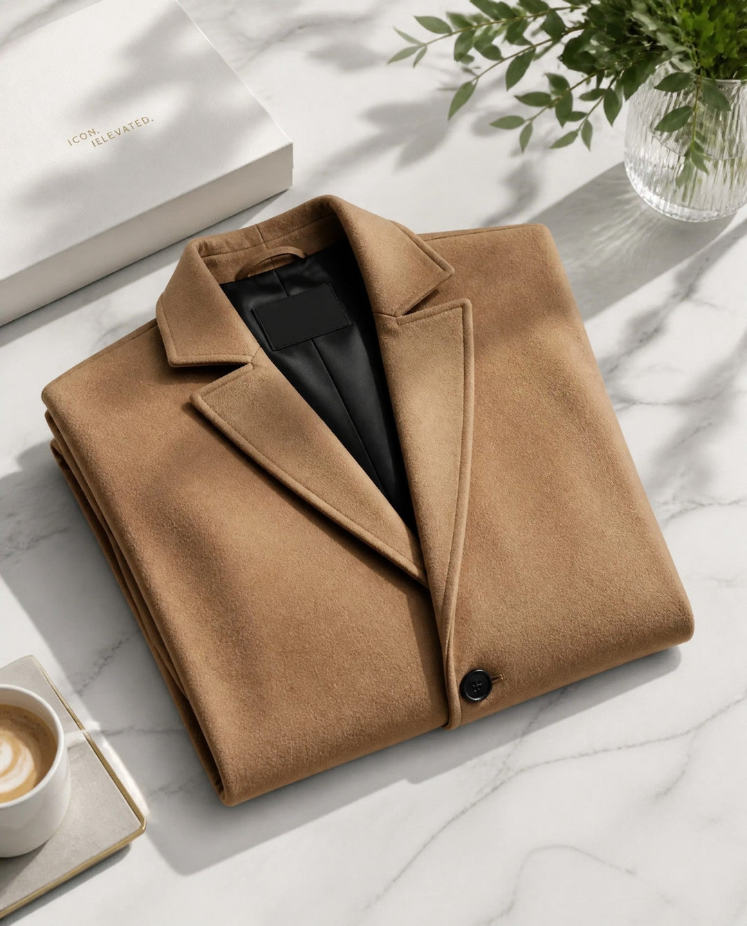 Men's long button front overcoat with notched lapels
