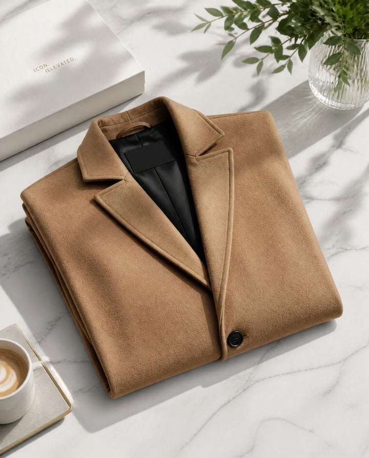 Men's long button front overcoat with notched lapels