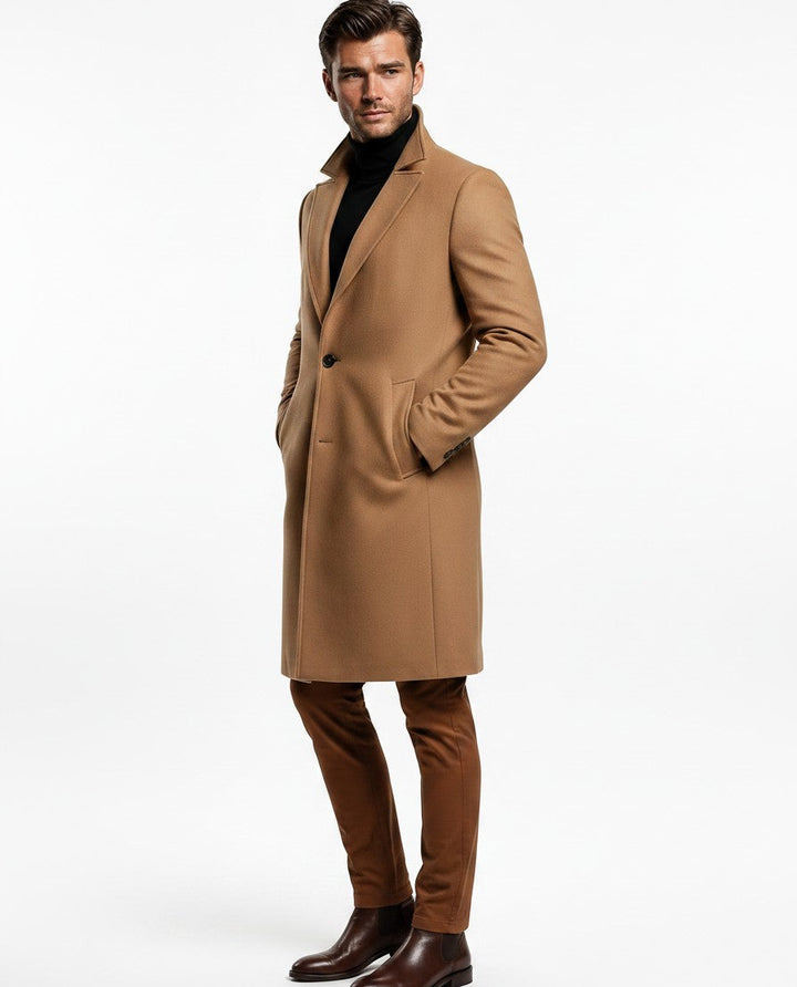 Men's long button front overcoat with notched lapels