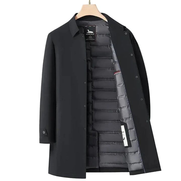 Men's structured padded long coat with shirt collar and snap front